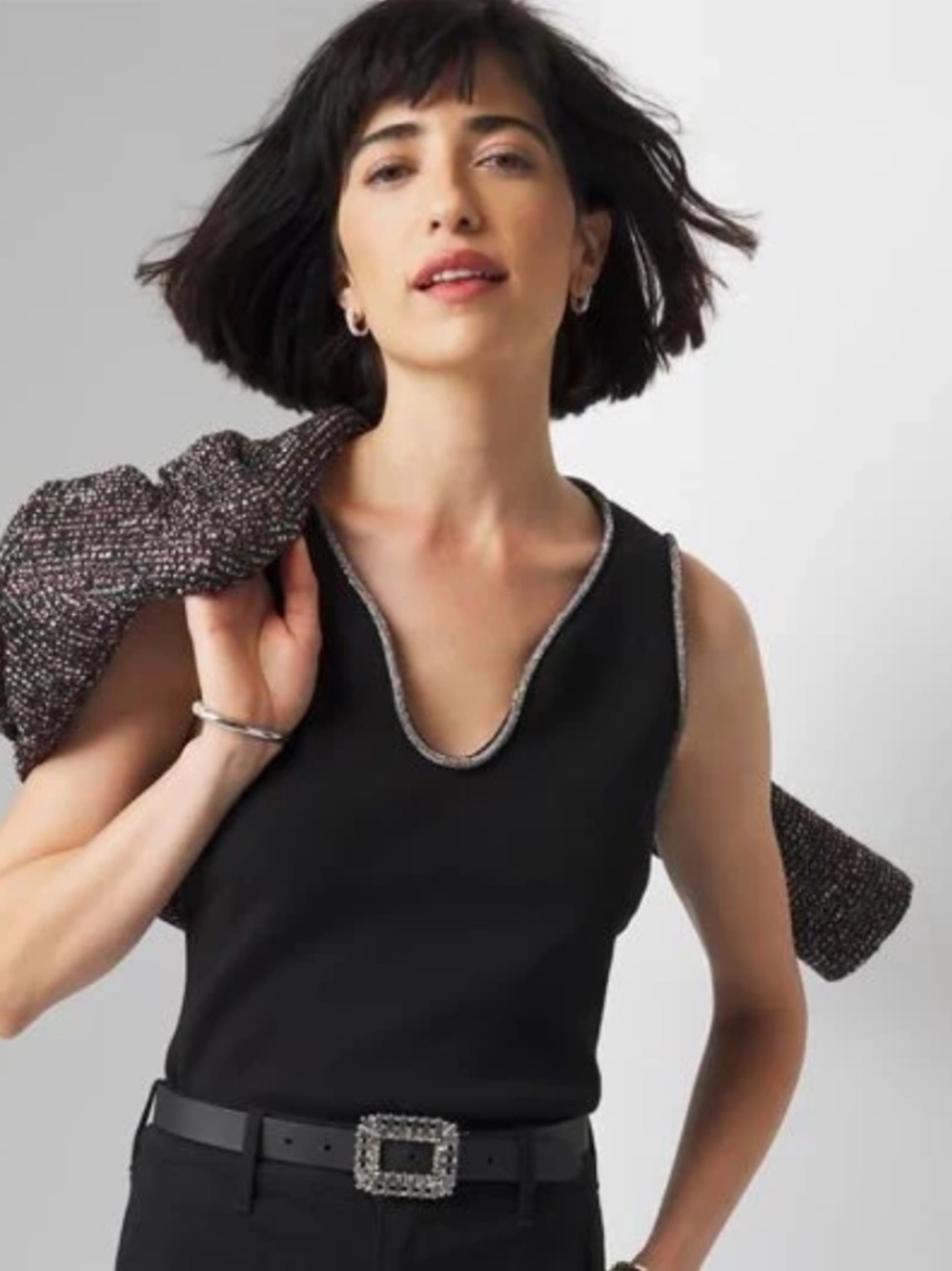 White House Black Market Black Sleeveless Tank with Embellished Neckline